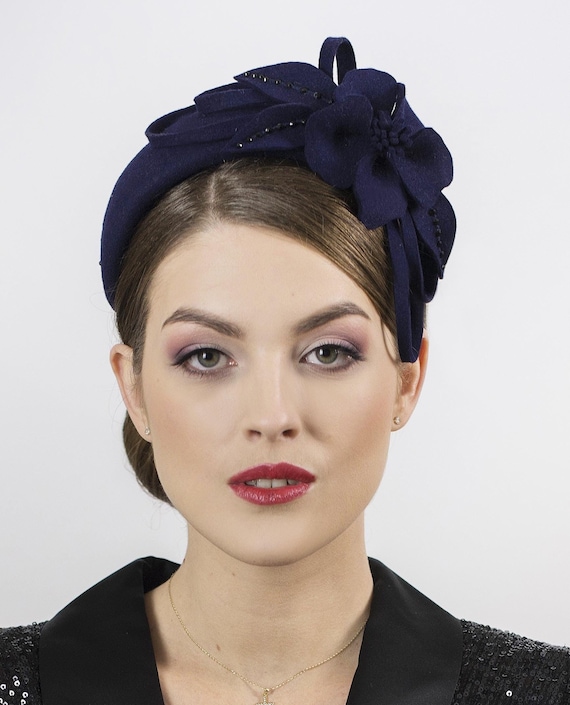 Blue Velour Felt Fascinator Hat: Rhinestone Flower, Wedding 