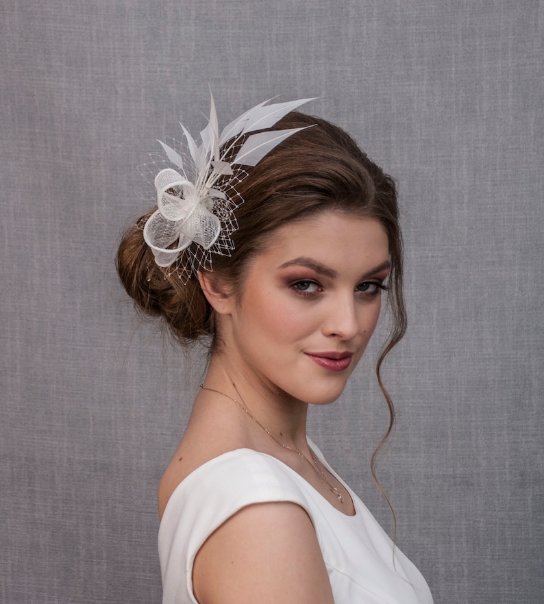 White wedding fascinator. White feather fascinator for your special occasions. image 3