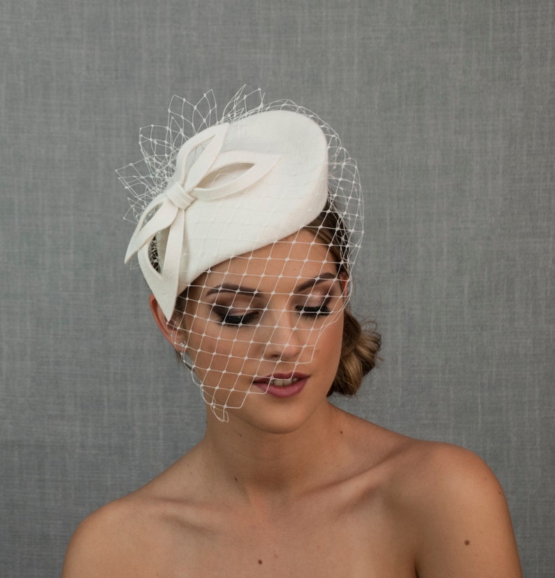 White bridal pillbox hat. White wedding hat with face veil. Etsy