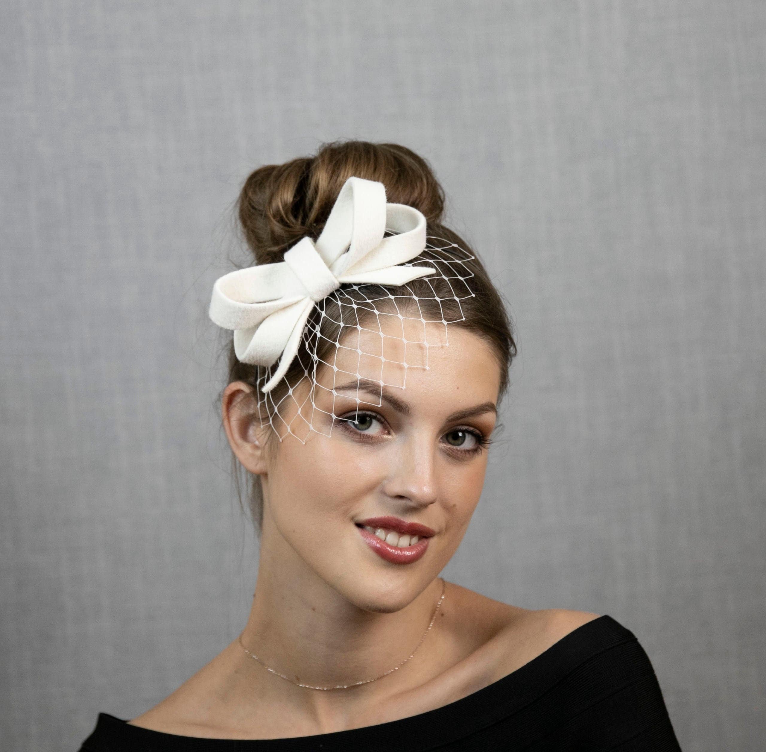 White minimalist small bow fascinator with face veil or Etsy