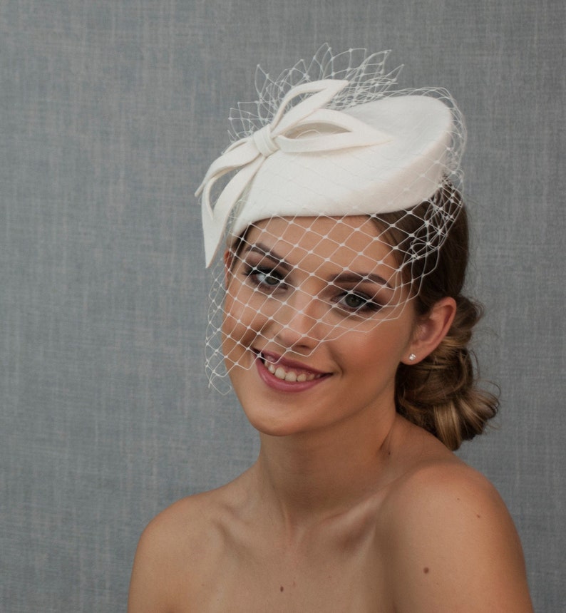 White bridal pillbox hat. White wedding hat with face veil. Etsy