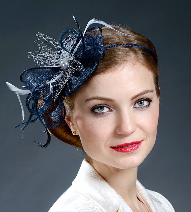 Navy Blue and Grey Fascinator Hat for Weddings Races Parties Etsy