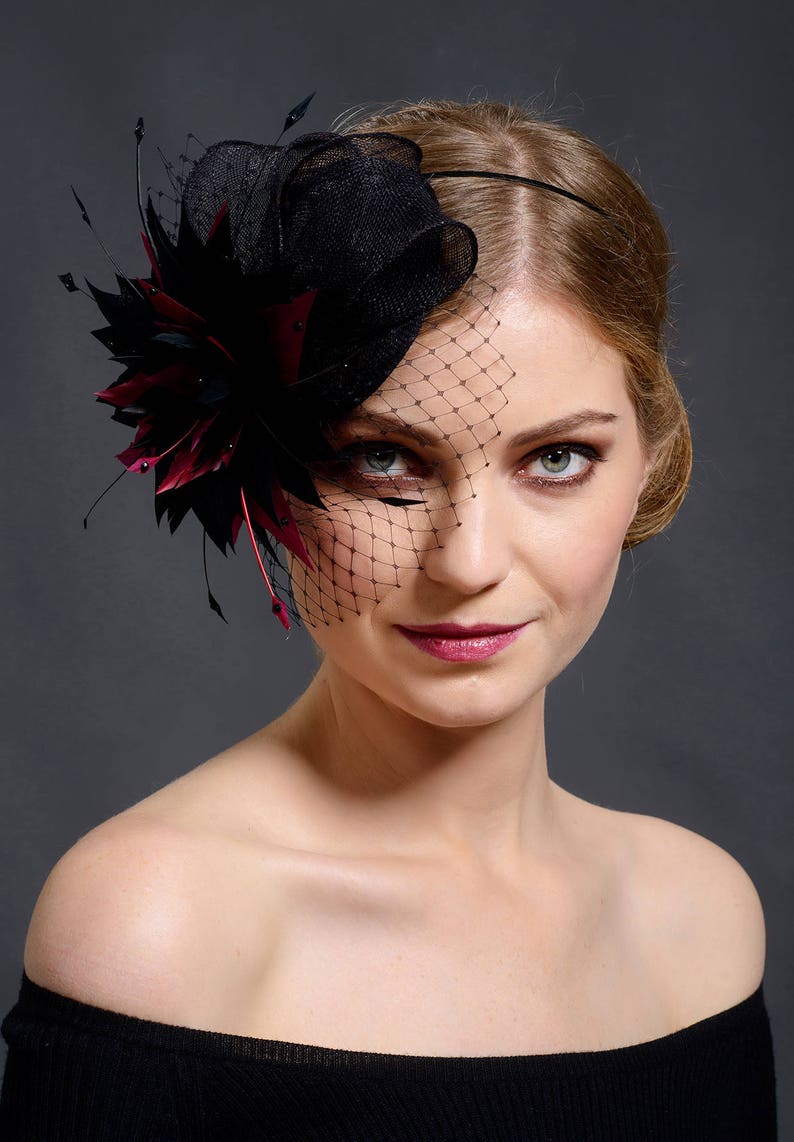 Black and Burgundy Fascinator. Black Fascinator With Face Veil Etsy