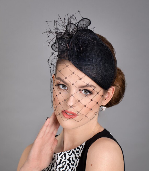 Fascinator Hat Veil Feather Black Black Derby Hat Feather Fascinator Black Color Wedding Hat  main image 4