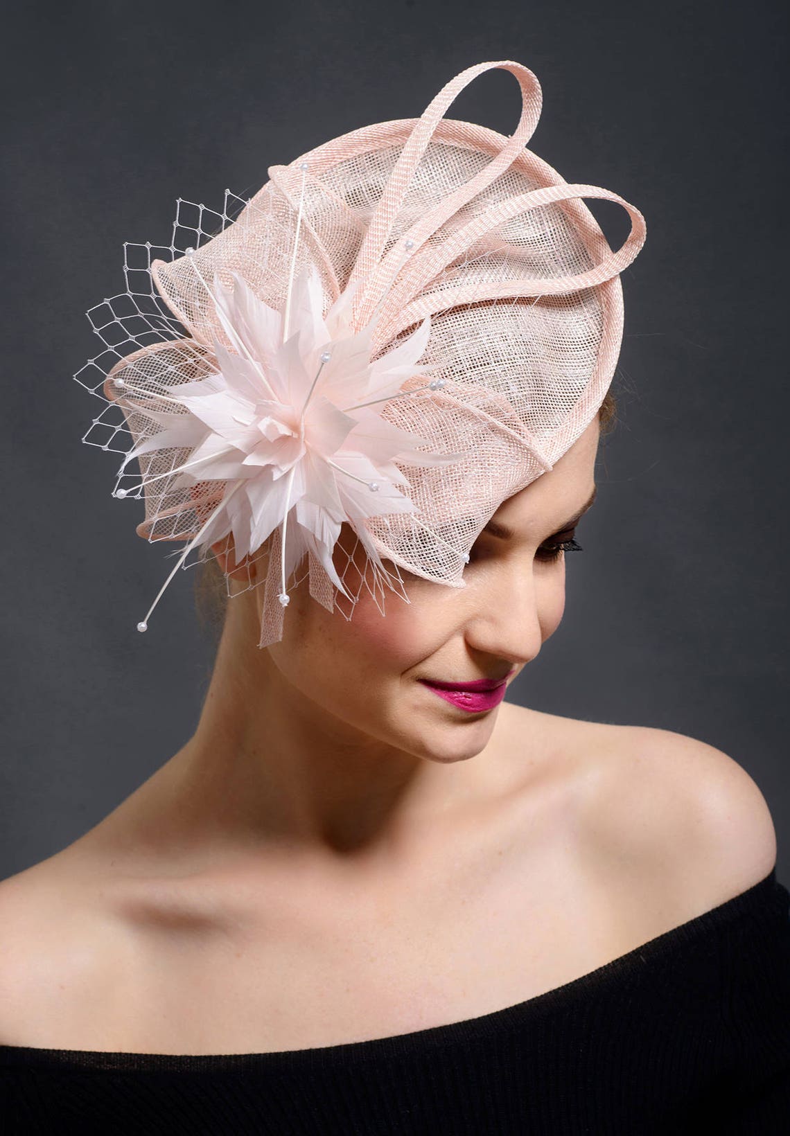 Blush pink fascinator hat nude pink saucer hat pink elegant Etsy
