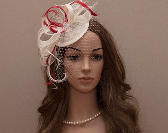 White and red fascinator hat, White wedding fascinator, Red fascinator hat