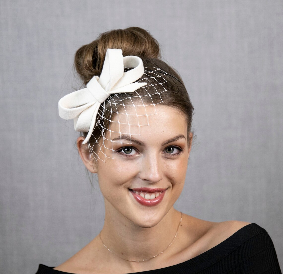 White minimalist small bow fascinator with face veil or Etsy