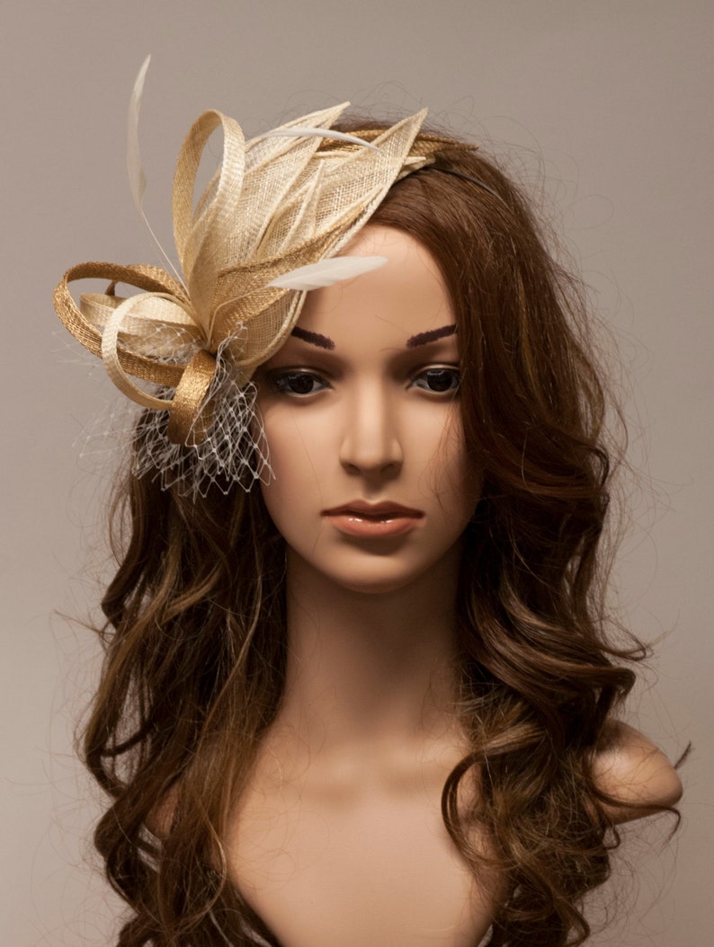 Champagne and golden fascinator for your special occasions. image 5