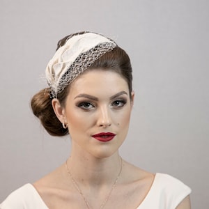 Ivory white bridal headpiece. Wedding hat. Bridal hat with net and rhinestones. Greece style wedding hat.