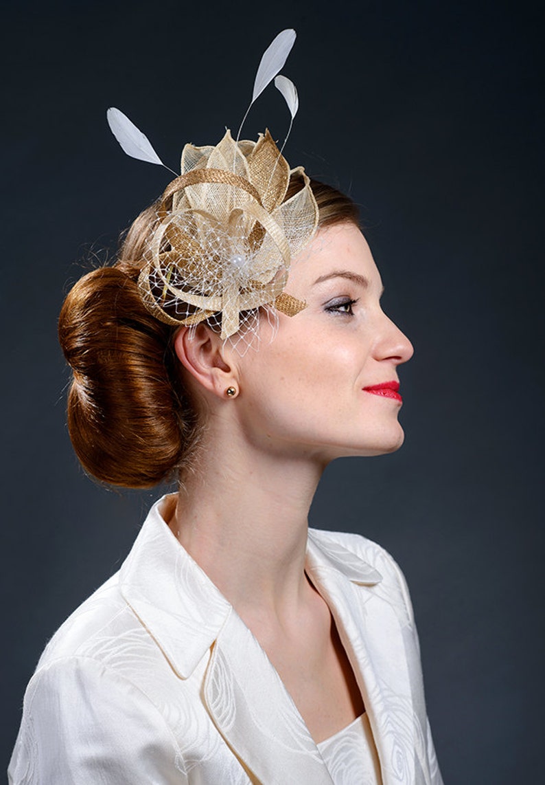 Champagne and golden fascinator for your special occasions. image 4