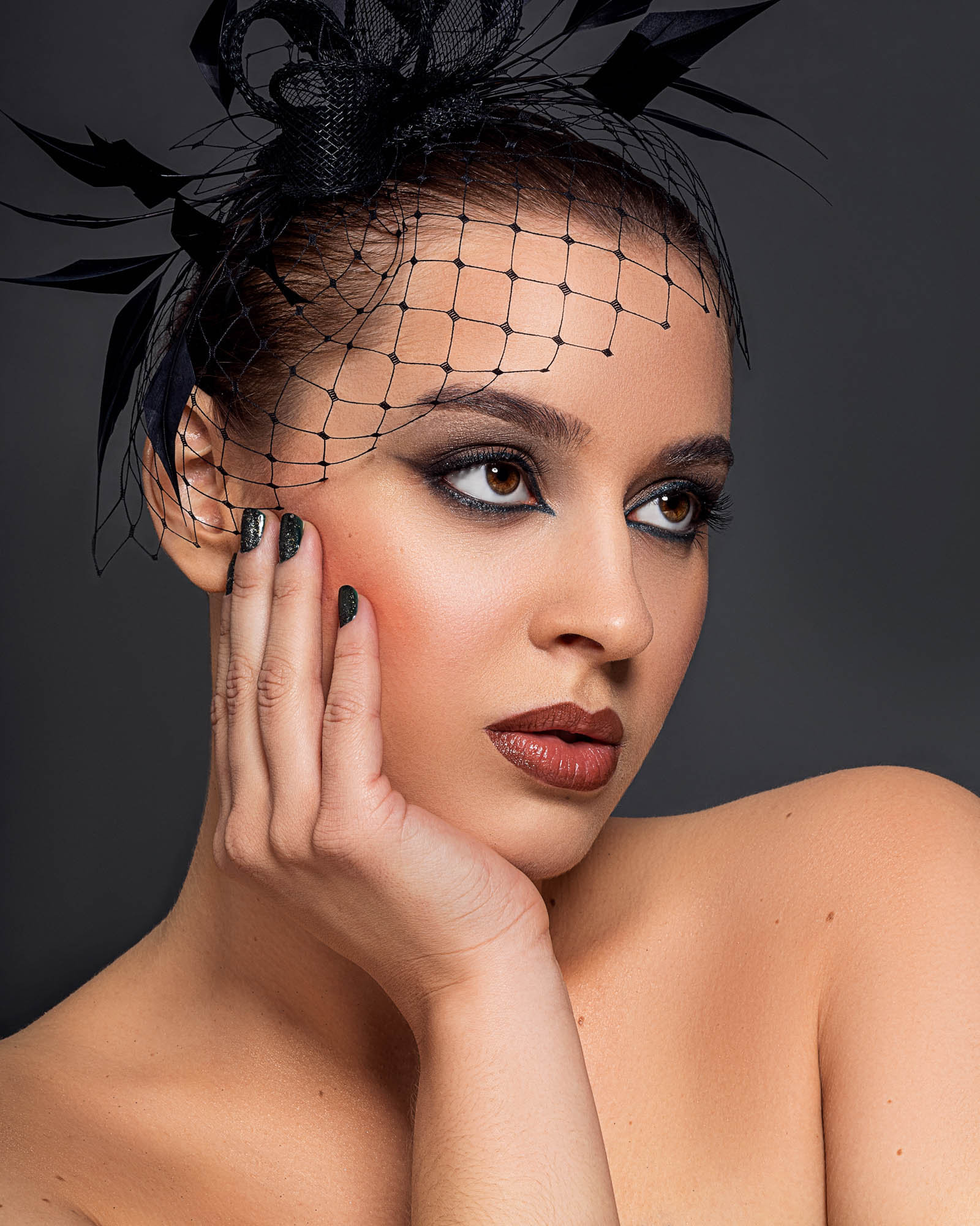 Exquisite Black Couture Feathered Jeweled Face Covered Silhouette Fascinator Hat Black Velvet Feathered and Hand Beaded Hair Fascinator by  main image 3
