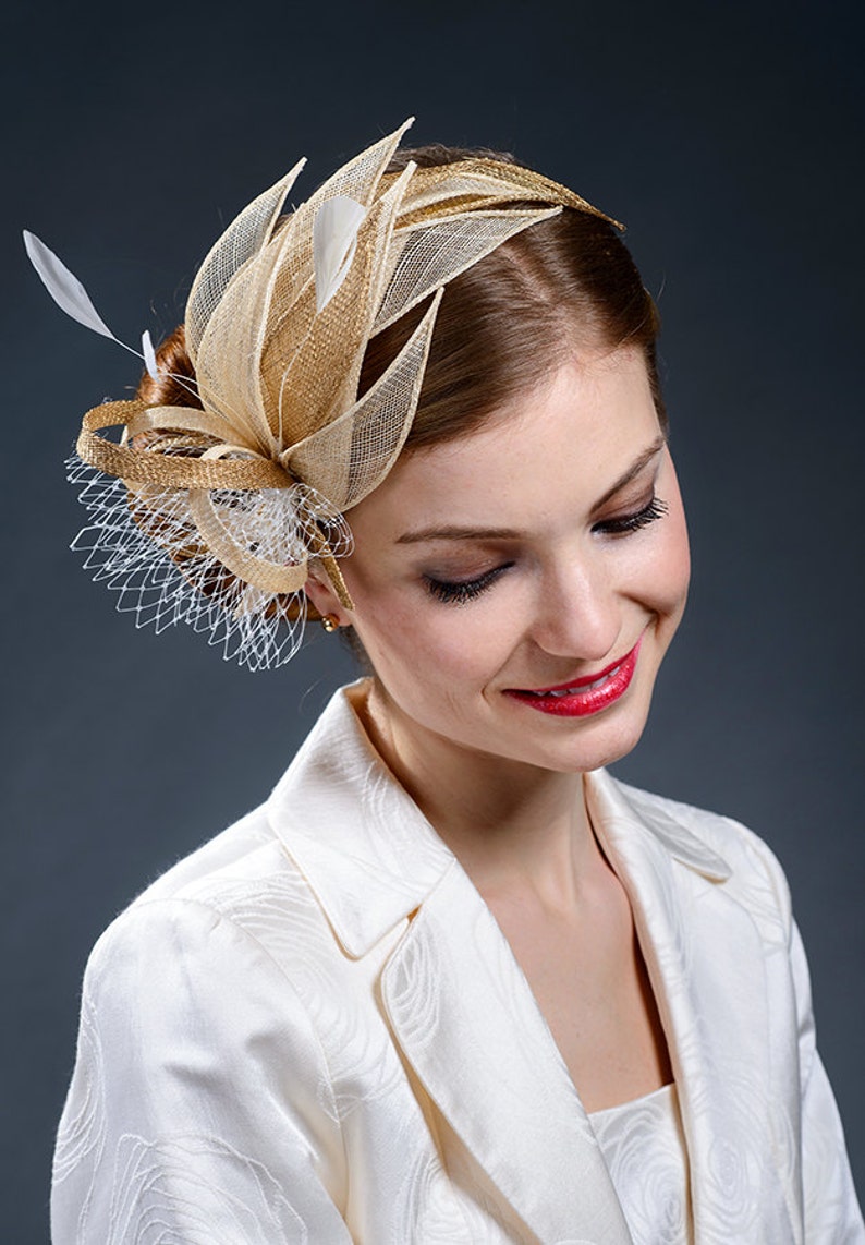 Champagne and golden fascinator for your special occasions. image 3