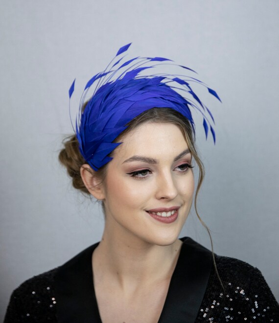 Royal Blue Headband with Feathers Royal Blue Feather Padded Headband Fascinator Races Wedding  main image 2