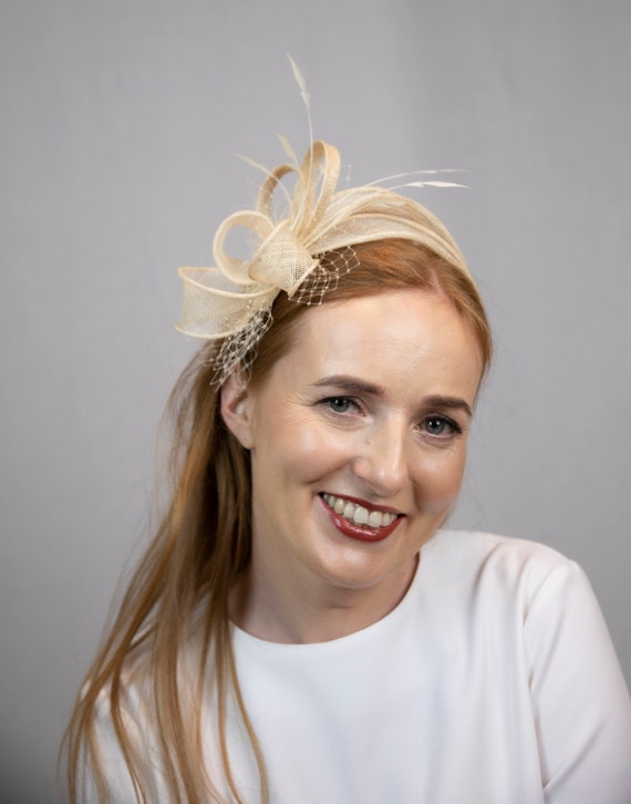 Elegant Cream Feather Fascinator Champagne Headband Weddings, Tea Champagne Beige Flower Fascinator Headband, Silk Ruffle  main image 2