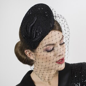 Black Sequin Pillbox Hat With Veil - Etsy display picture 2