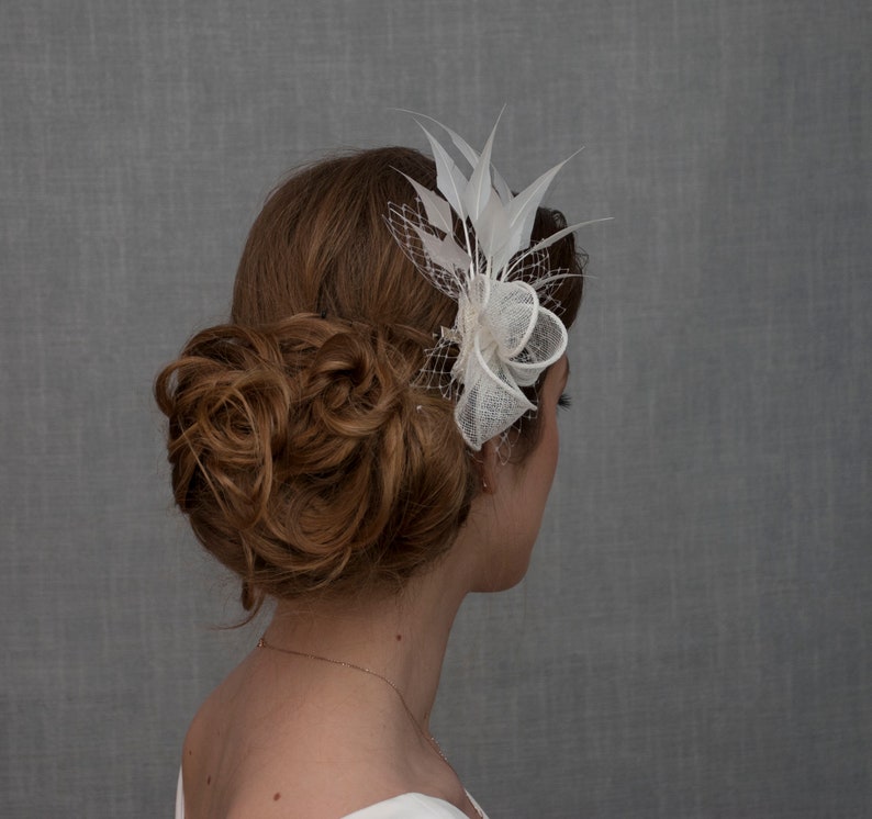 White wedding fascinator. White feather fascinator for your special occasions. image 5