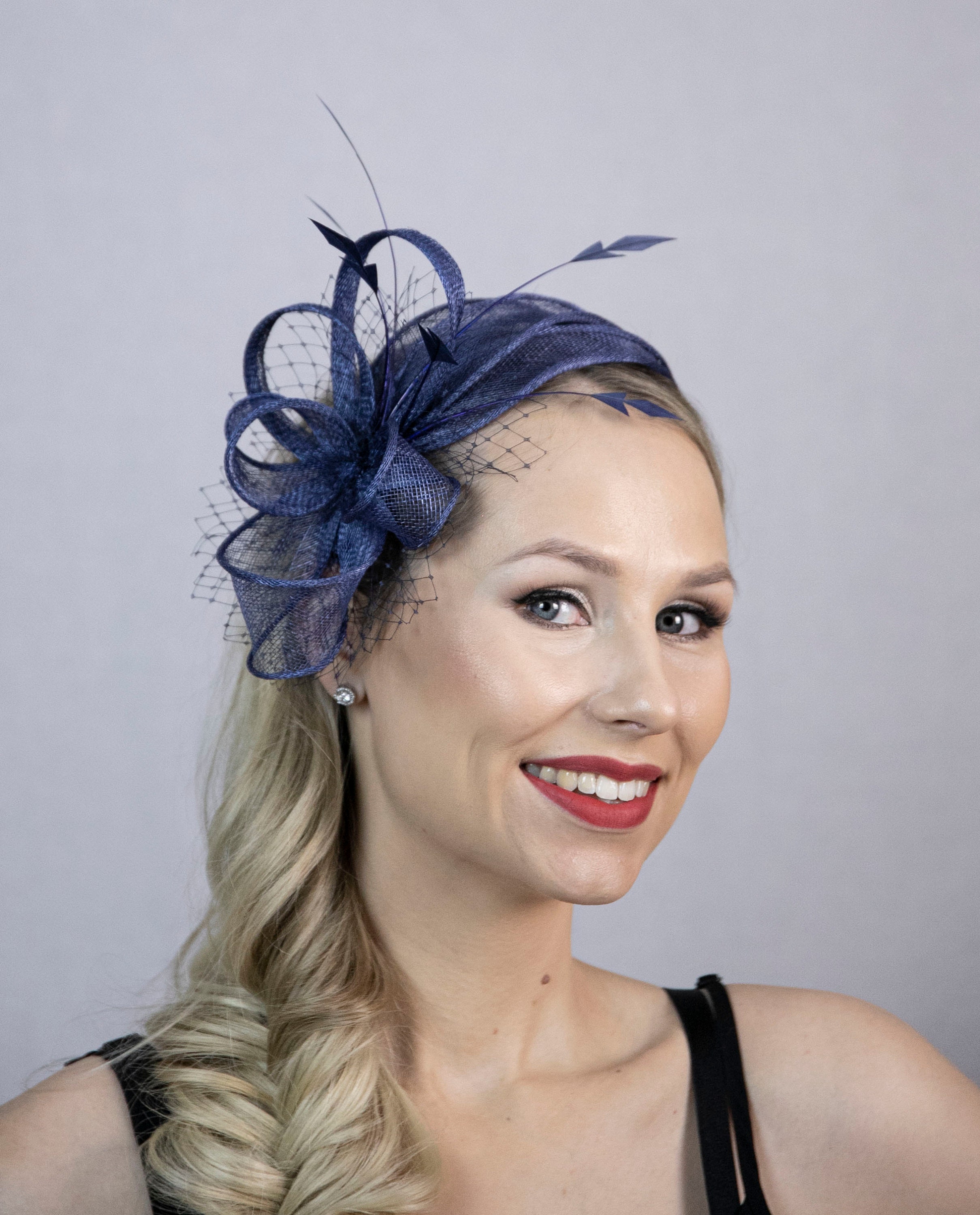 Navy Blue Fascinator With Feathers 