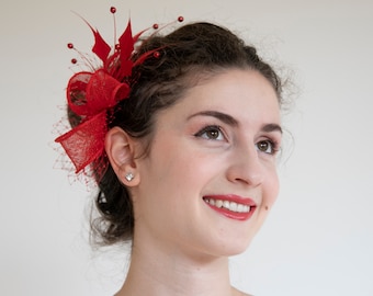 Red fascinator. Red feather fascinator with pearls. New colour for the popular design.