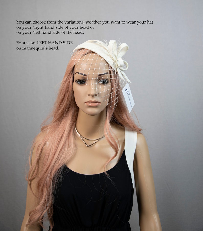 Heller elfenbeinweißer oder cremeweißer eleganter Fascinator-Hut für die Hochzeit. Auf Bestellung. Bild 8