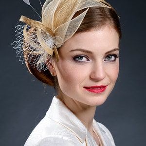 Champagne and golden fascinator for your special occasions. image 2