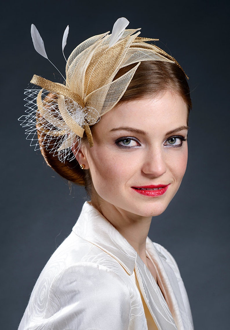 Champagne and golden fascinator for your special occasions. image 2