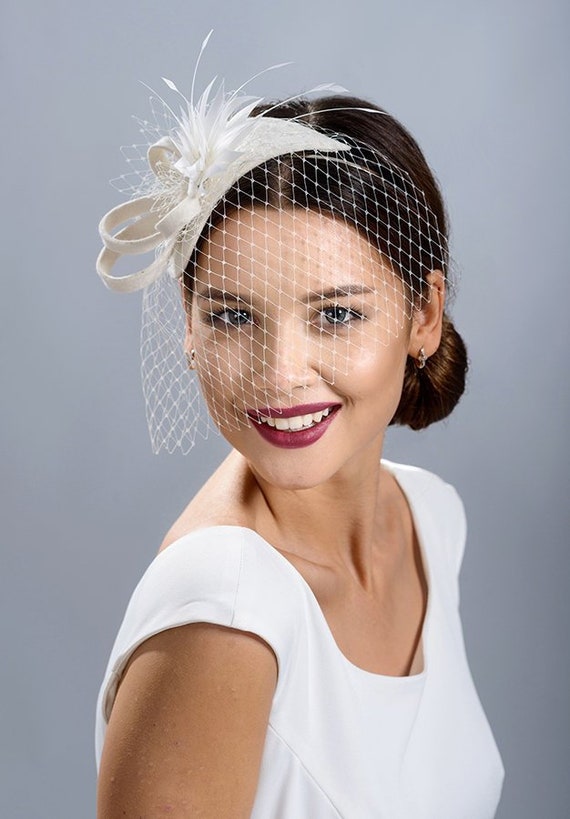 Ivory Wedding Fascinator With Veil, Feather Bridal Headpiece 