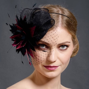 Black and burgundy fascinator. Black fascinator with face veil Black coctail party fascinator. Black hatinator