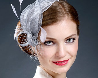 Light grey, silver grey wedding fascinator, bridal fascinator, Derby, Ascot hat
