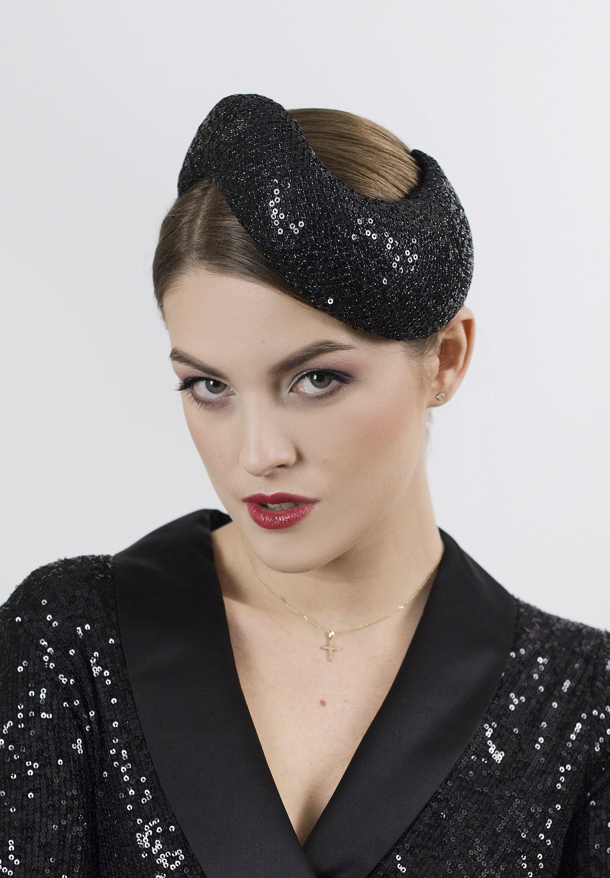 Elegant Black Sequin Headpiece Elegant Fascinator Wedding Vintage Sequin Black Gold Ascot  main image 2