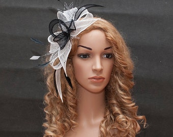 Weiß-schwarzer Hochzeits-Fascinator, schwarz-weißer Fascinator