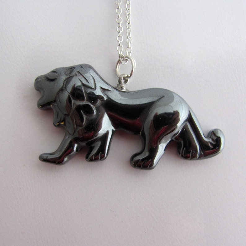 Lion Necklace, Hematite Jewelry, Carved Lion Pendant, Leo Necklace image 2
