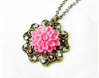 Flower Necklace, Pink Flower with Crystal Rhinestones, Blossom Pendant