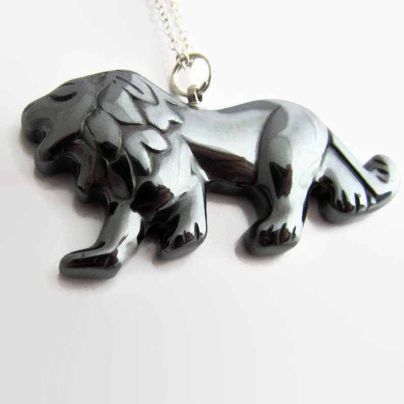 Lion Necklace, Hematite Jewelry, Carved Lion Pendant, Leo Necklace image 1