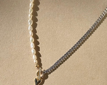 Collar de perlas de dos tonos con dije de corazón dorado y plateado, 16 pulgadas