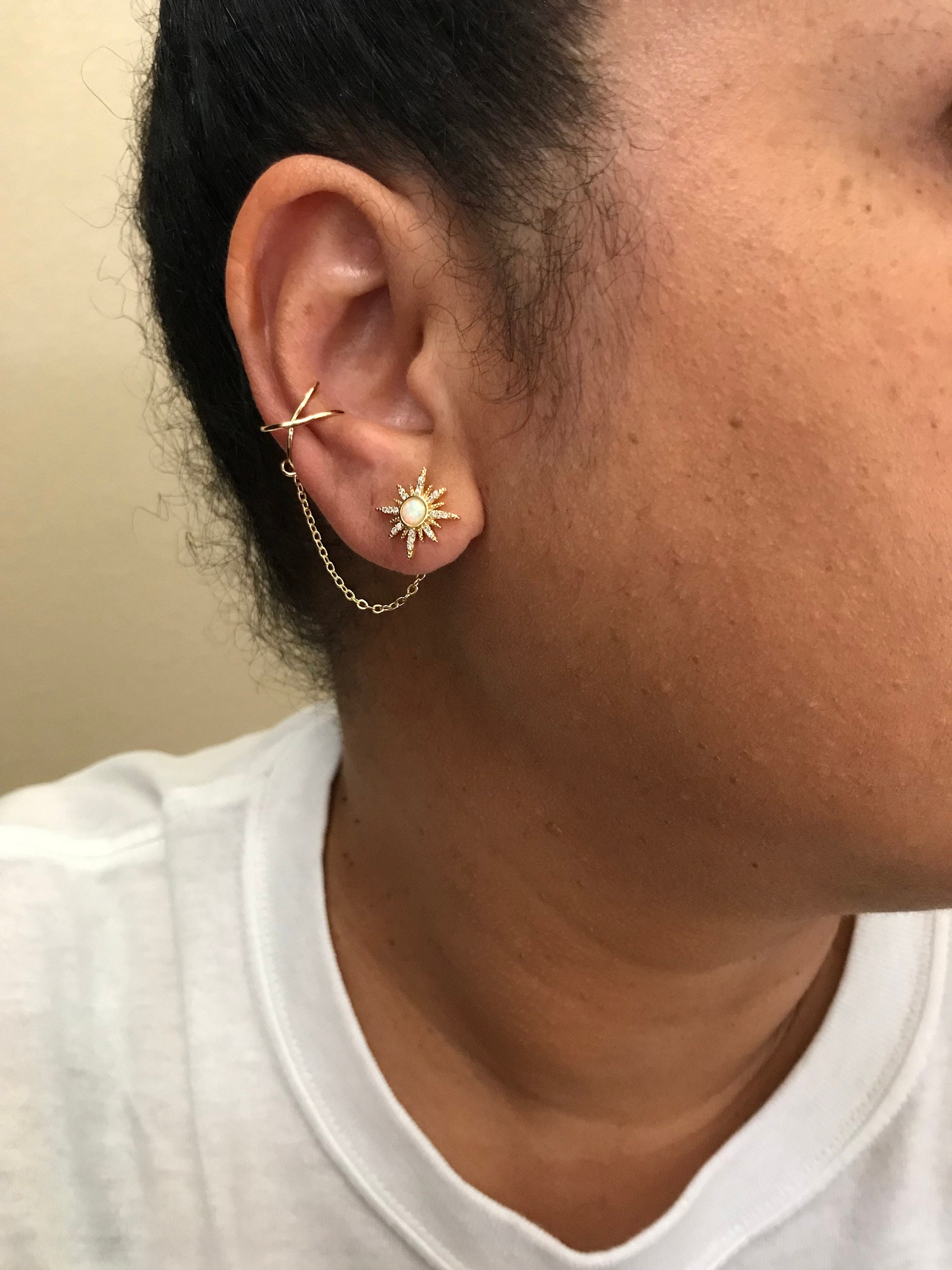 Opal Star Ear Cuff, Ear Cuff, Chain Ear Cuff, Stud Ear Cuff