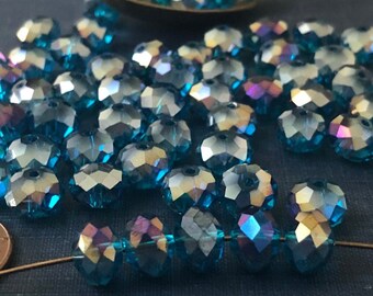 Peacock BLUE CZECH Glass Beads (30) Rondelle, Faceted Czech glass beads, 8mm Teal Dk Aqua ab finish Transparent