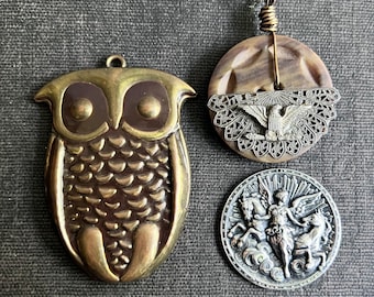 PENDANT LOT (3) LARGE, Vintage, Owl, Goddess, Handmade Eagle, Silver Brass, Old Button