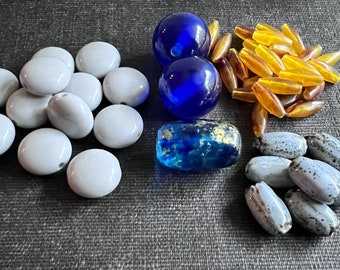 BEAD SOUP DESTASH (51) Beads Mixed Lot of beads Vintage, Glass, Ceramic, blue, grey, yellow