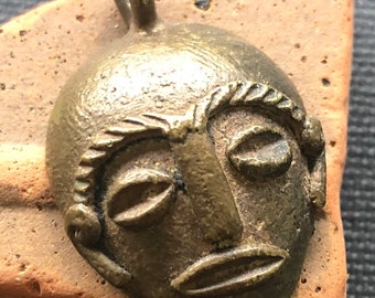 Vtg FACE Mask Amulet Cast BRONZE Vintage TRIBAL Face solid charm pendant Ghana West African
