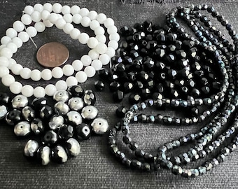 BEAD SOUP Destash Beads Mixed Lot of beads Vintage, Czech Glass BLACK Faceted Rounds, Rondells