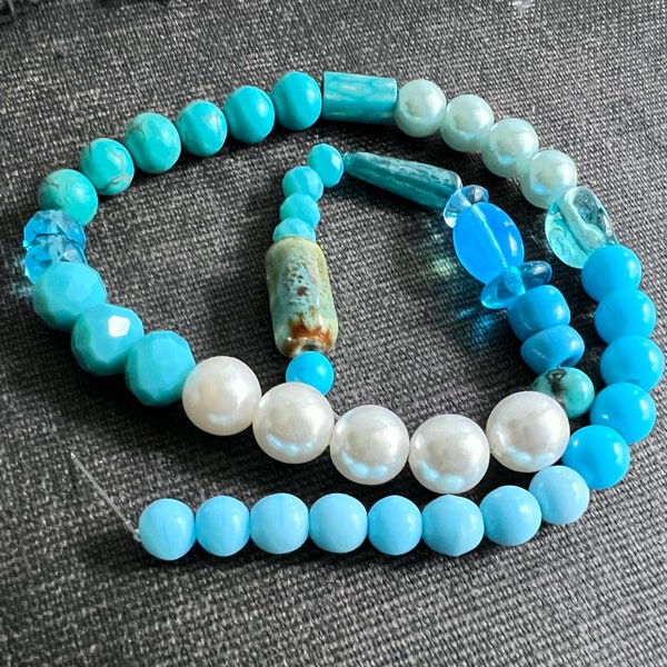 BLUE Mix DESTASH Beads in Pretty Aqua, Turquoise, Czech Glass, Gemstones, Pearl, 14" strand