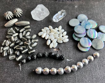 BEAD SOUP DESTASH (105+) Beads Mixed Lot of beads Vintage, MoP, Silver Metal, Grey, White