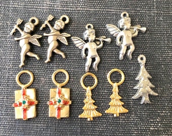 ANGEL TREE & Gift CHARMS Lot (9) Silver Gold Tone Metal Christmas Destash charms