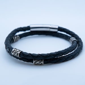 Braided Leather Bracelet, Double Wrap Leather with 925 Sterling Silver Accents, Genuine Woven Leather Cord, Anniversary Gift, Gift For Him