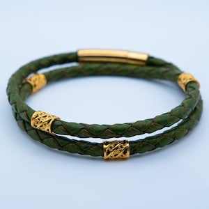 GREEN LEATHER BRACELET Double Wrap Leather Bracelet, Leather Bracelet with 18K Gold Plated Clasp, Handmade Jewelry for Men, Anniversary Gift