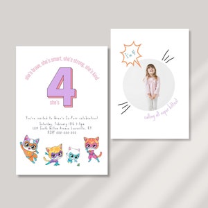 Super Kitties Birthday Invite, Girl&#39;s 4th Birthday, Digital Invite, Super Kitty Birthday Party, Girl Birthday, Canva Template, Cat, Kitten