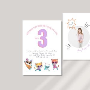 Super Kitties Birthday Invite, Girl&#39;s 3rd Birthday, Digital Invite, Super Kitty Birthday Party, Girl Birthday, Canva Template, Cat, Kitten