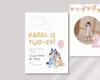 Blue Dog 2nd Birthday Invitation: Editable Canva Template (Digital)