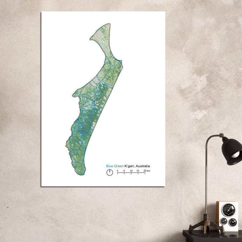 Mappa artistica di Gari Australia / Analisi delle infrastrutture blu-verdi / Decorazione basata su dati geospaziali / Arte murale di Fraser Island A0 (84.1 x 118.9  cm)