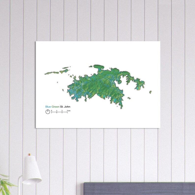 May include: A topographic map of St. John, a small island in the Caribbean Sea. The map shows the island's terrain, with green and blue colors representing different elevations. A scale bar is included at the bottom of the map, indicating that 3 km is equal to 2 inches.